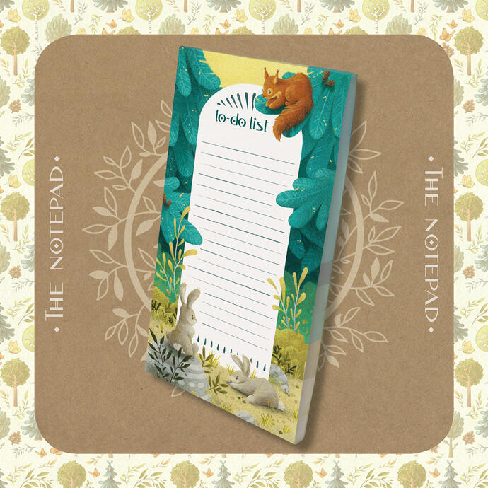 Forest Box, the notepad (box of stationery and home decor items, acrylic on paper, 2023)