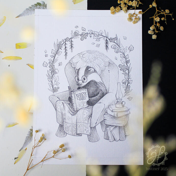 Forest Tales - Reading Badger (graphite on paper)