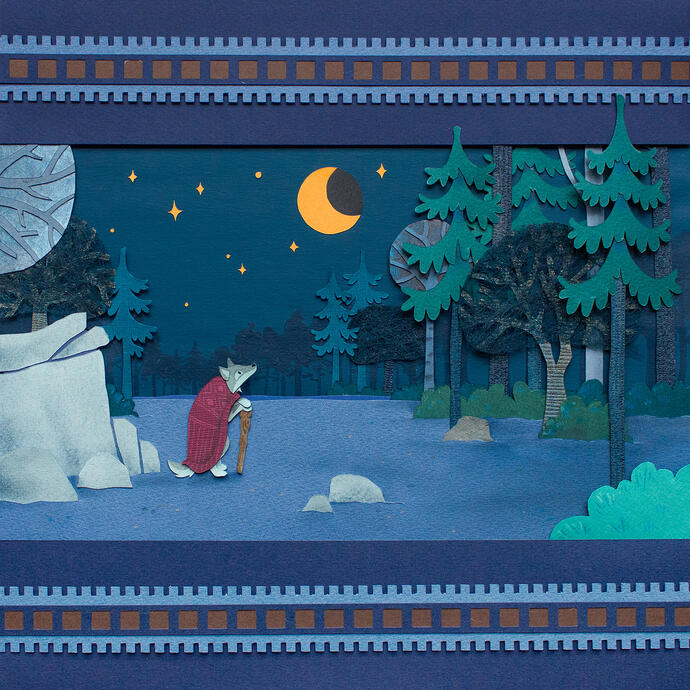 Folktale Week, Night (cut paper and mixed media, 2025)