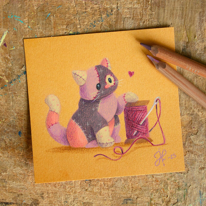 Sewing - Smol Kitties series (coloured pencils on coloured paper)