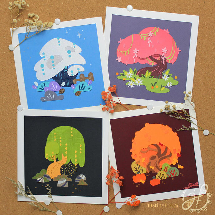 Seasonal Trees (handmade cut paper postcards)