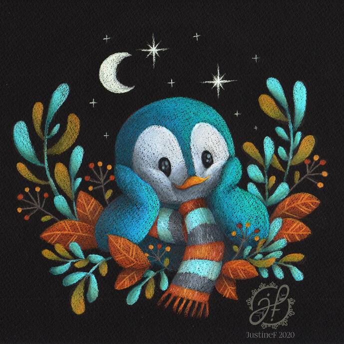 Penguin in Wonder, Northern Nights series (coloured pencils on black paper)