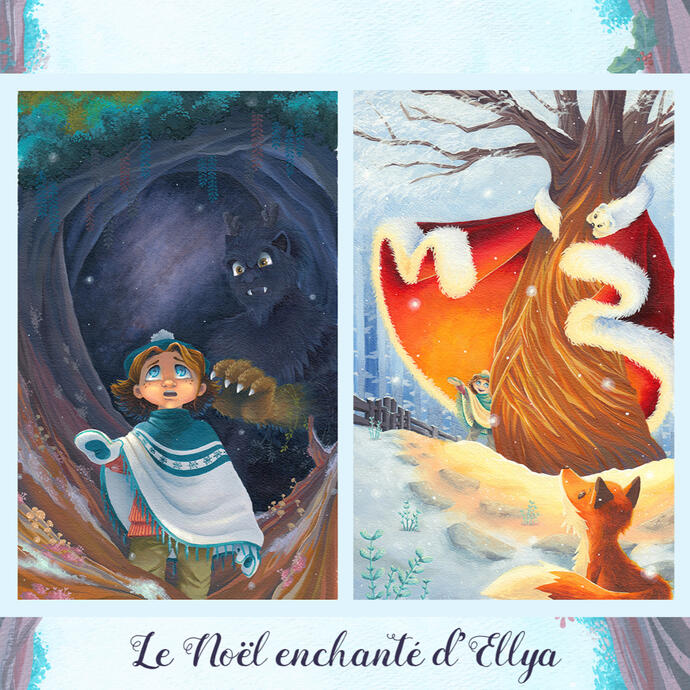 Samples from Le Noël enchanté d'Ellya (Ellya's Enchanted Christmas) byt Suzanne Max (published in 2018 by Éditions Ex Aequo, acrylic on paper)