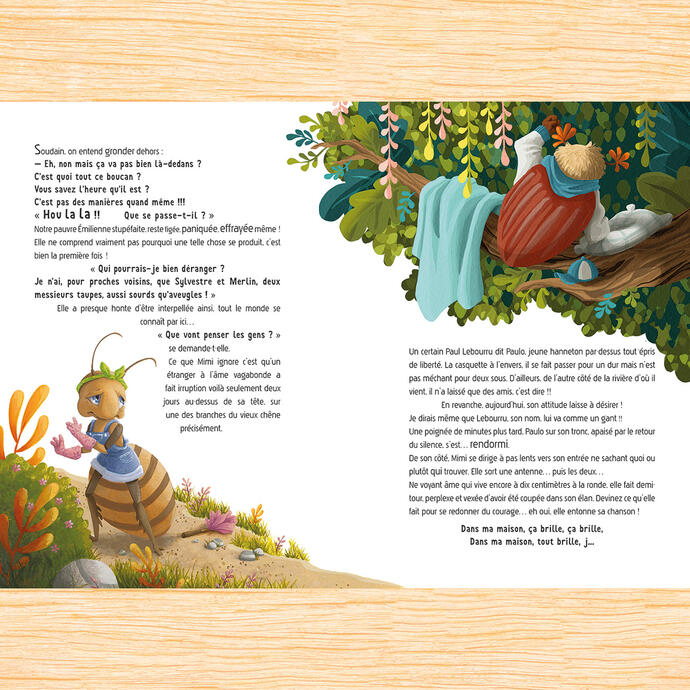 Layout sample of a spread page from Les Secrets de la forêt enchantée (The Secrets of the Enchanted Forest) by Antoinette Hontang.