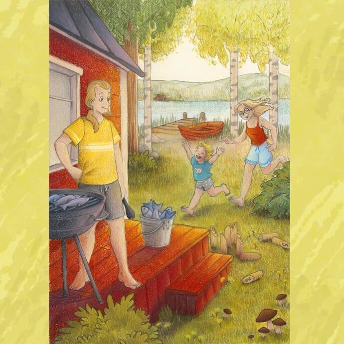 Sample from Onni aus Finnland (Onni from Finland) by Ulrike Kivelä (self-published in 2022, watercolour and coloured pencils on paper)