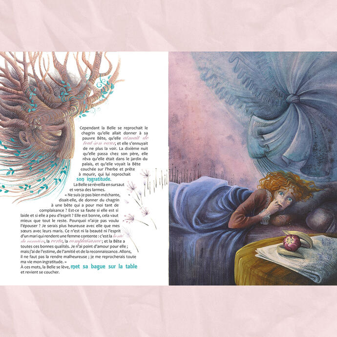 Layout sample of a spread page from La Belle et la Bête (Beauty and the Beast) by Madame Leprince de Beaumont.
