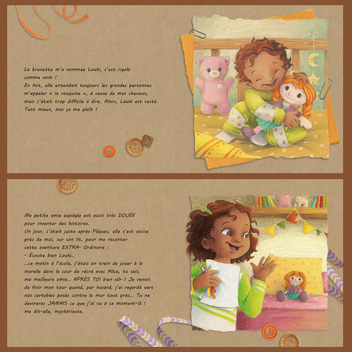 Layout sample of two spread pages from La Poupée rousse (The Ginger Doll) by Antoinette Hontang.