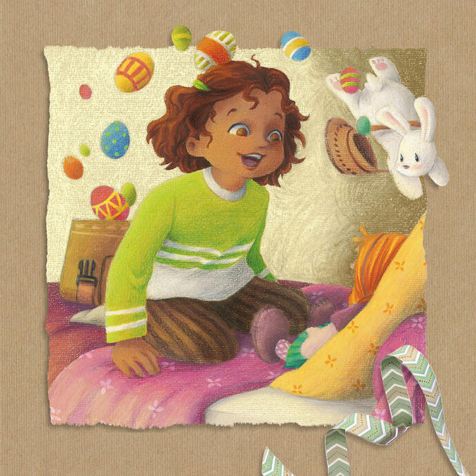 Sample from La Poupée rousse (The Ginger Doll) by Antoinette Hontang (self-published in 2024, coloured pencils on coloured paper, and photomontage for the layout)
